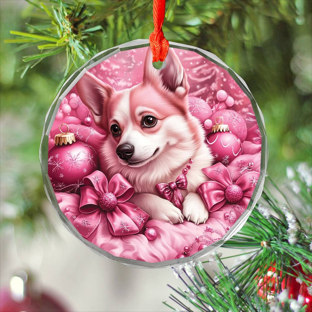 Pembroke Welsh Corgi Dog Pink Christmas Design 2 Glass Ornament