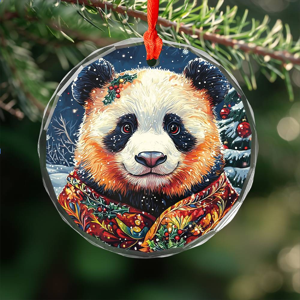 Beautiful Angus Panda Christmas Night Design 1 Glass Ornament