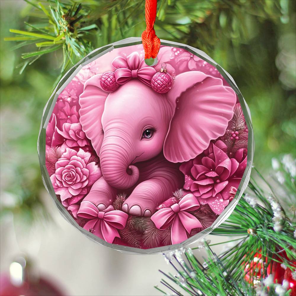 Elephant Pink Christmas Design 3 Glass Ornament