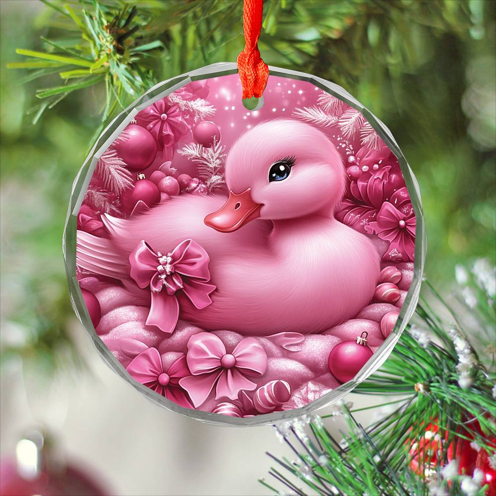 Duck Pink Christmas Design 2 Glass Ornament
