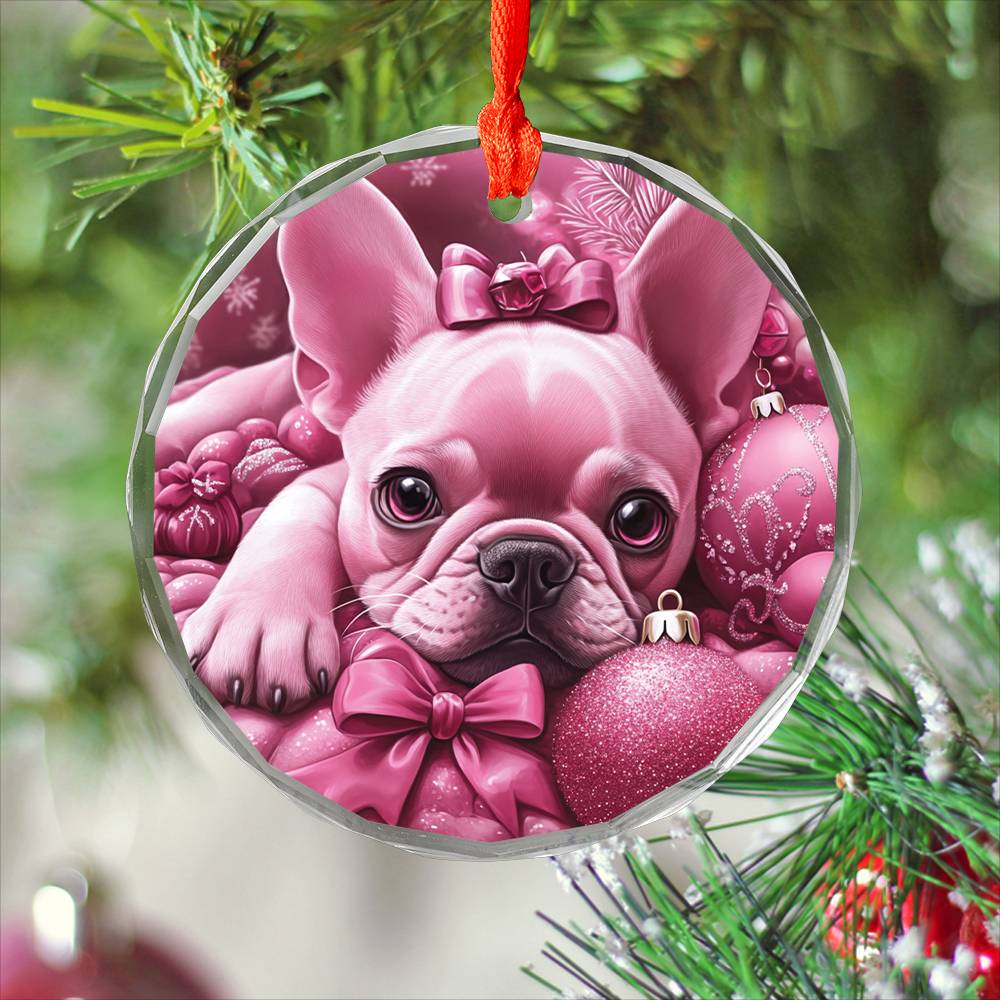 French Bulldog Pink Christmas Design 1 Glass Ornament