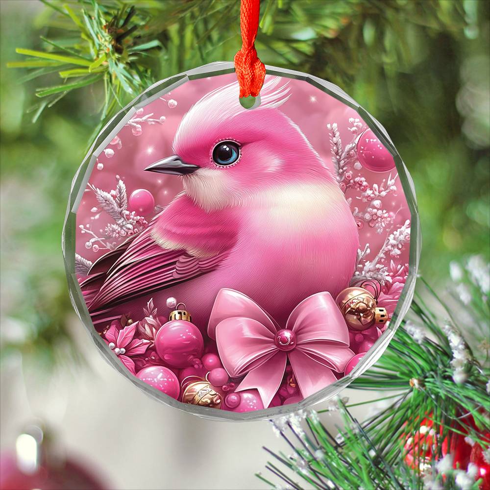 Songbird Pink Christmas Design 2 Glass Ornament
