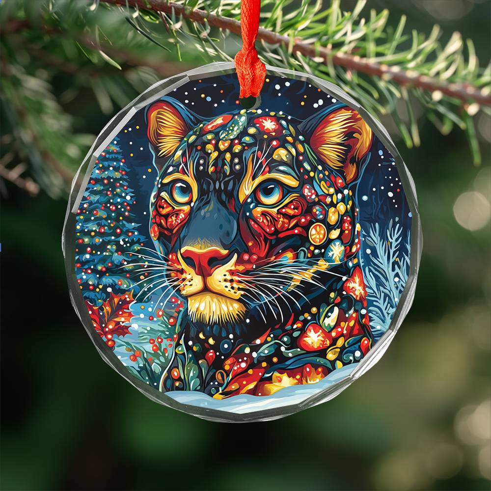 Beautiful Panther Christmas Night Design 1 Glass Ornament