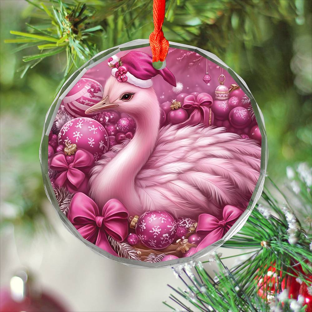 Ostrich Pink Christmas Design 1 Glass Ornament
