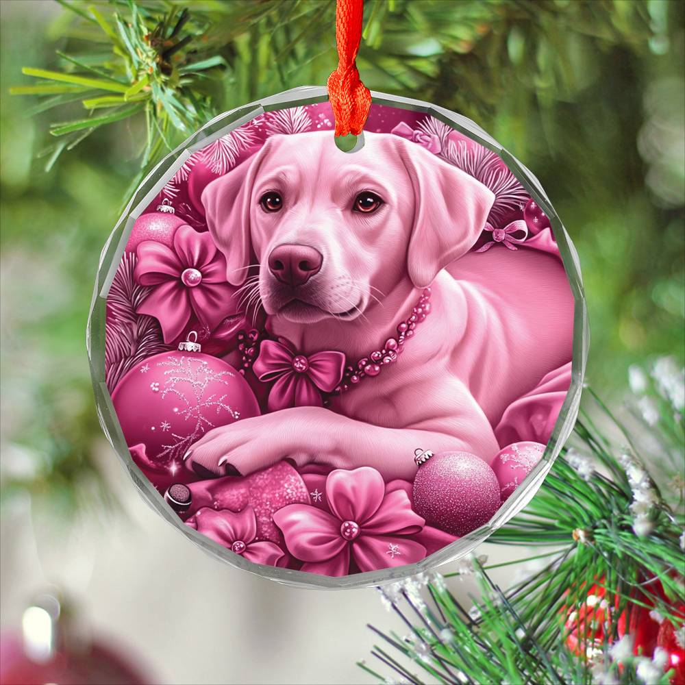 Labrador Retriever Dog Pink Christmas Design 2 Glass Ornament