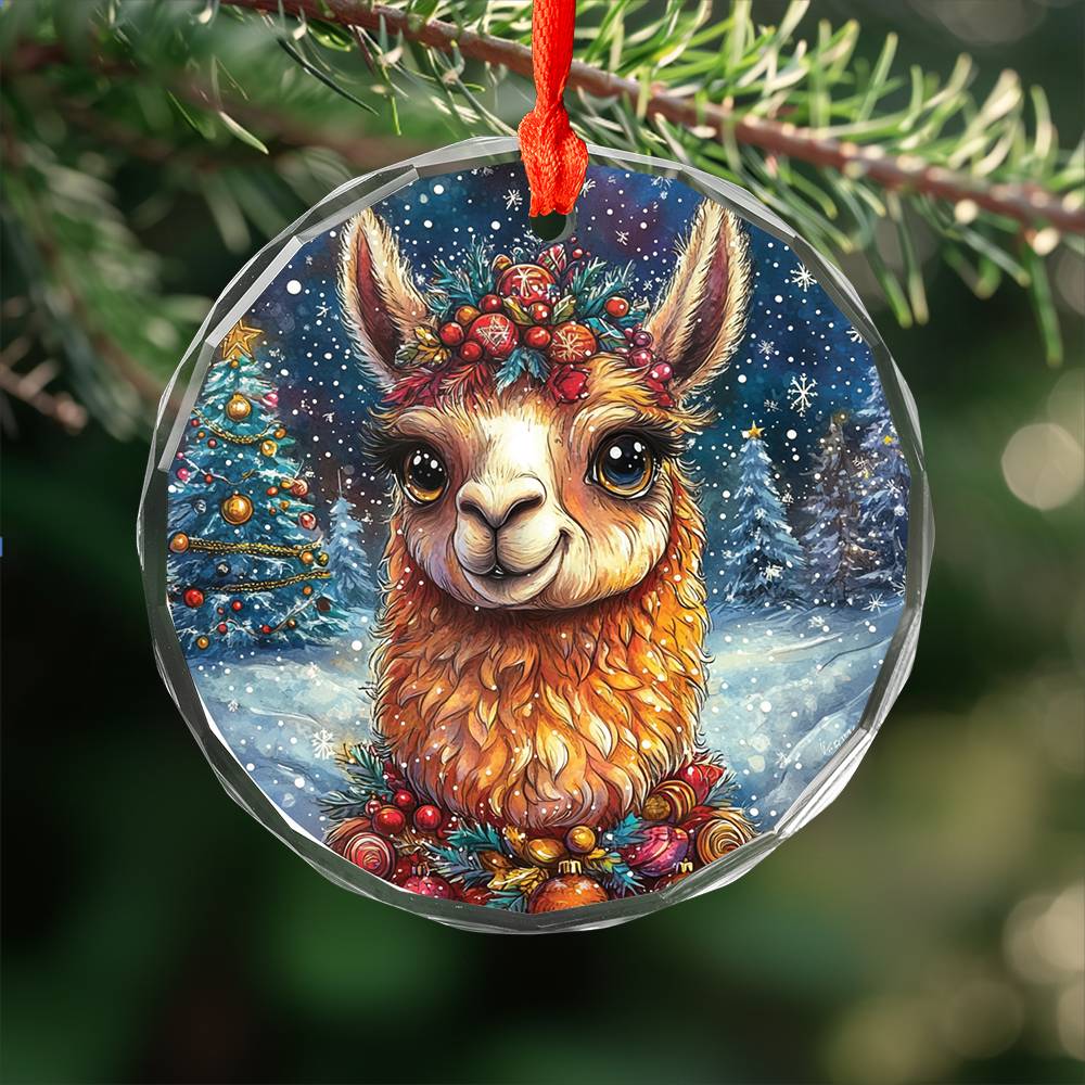 Beautiful Llama Christmas Night Design 3 Glass Ornament
