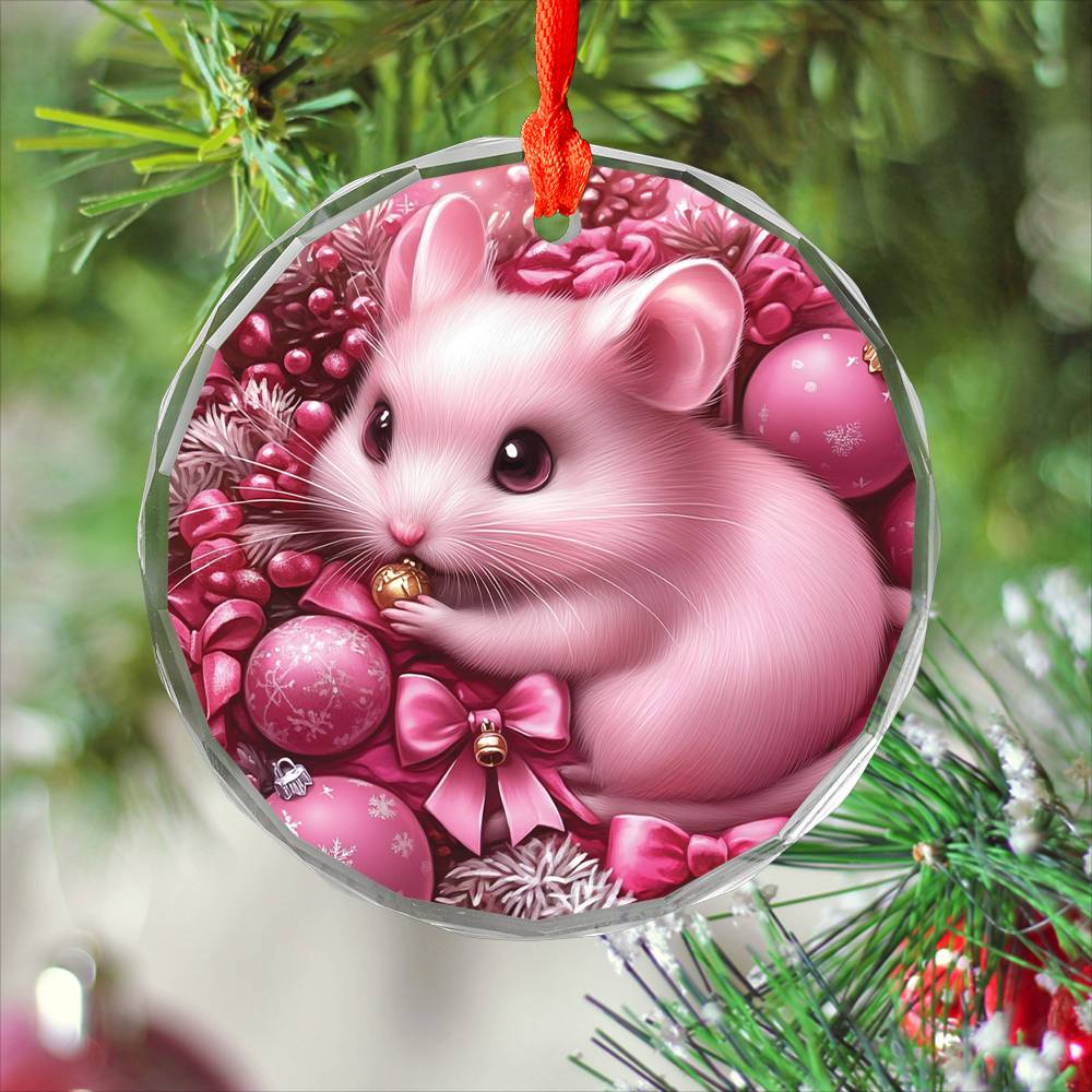 Hamster Pink Christmas Design 3 Glass Ornament