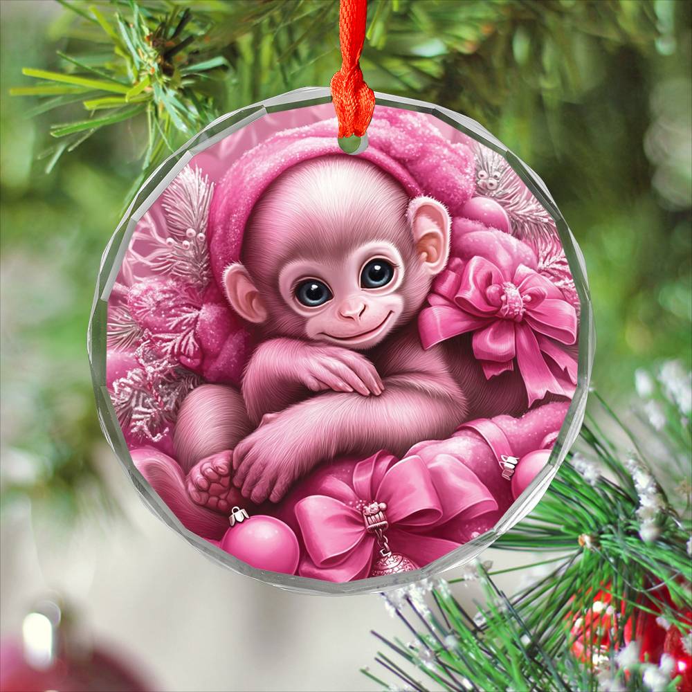 Monkey Pink Christmas Design 2 Glass Ornament