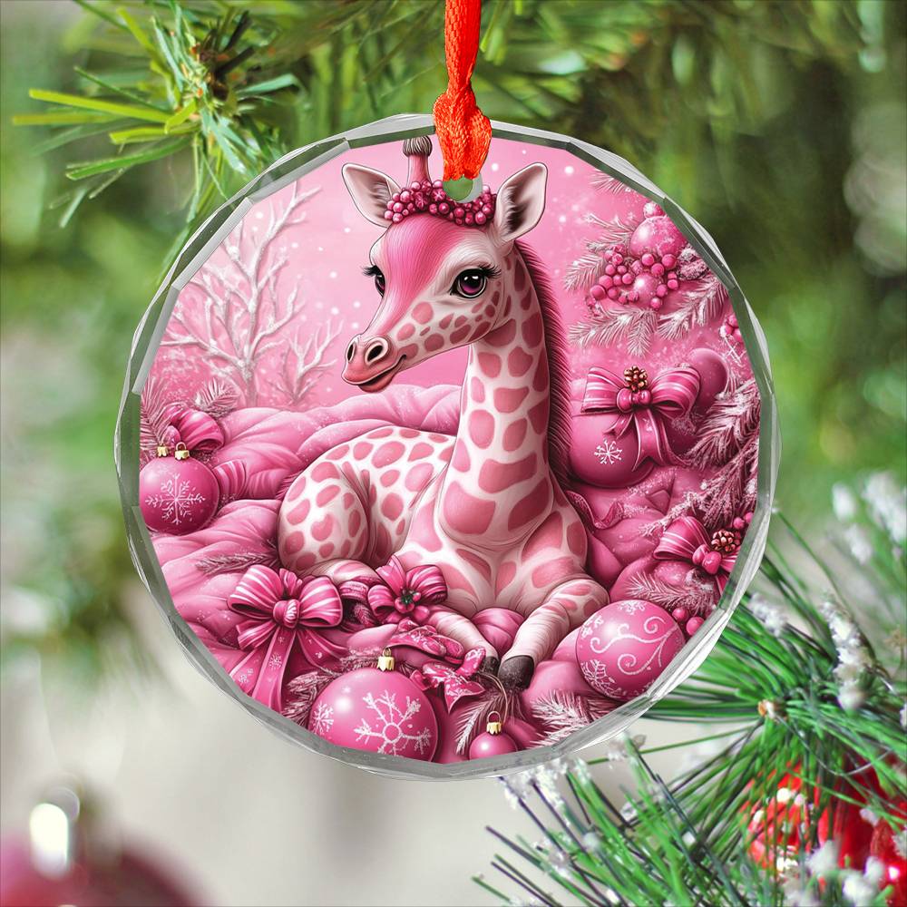 Giraffe Pink Christmas Design 2 Glass Ornament