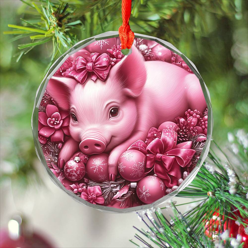 Pig Pink Christmas Design 3 Glass Ornament