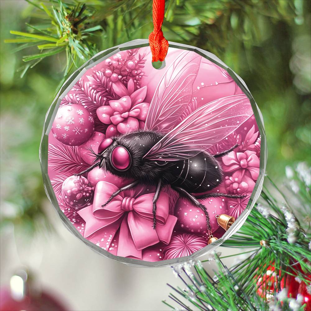 Fly Pink Christmas Design 1 Glass Ornament