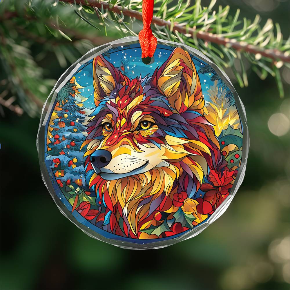 Beautiful Angus Wolf Christmas Night Design 3 Glass Ornament