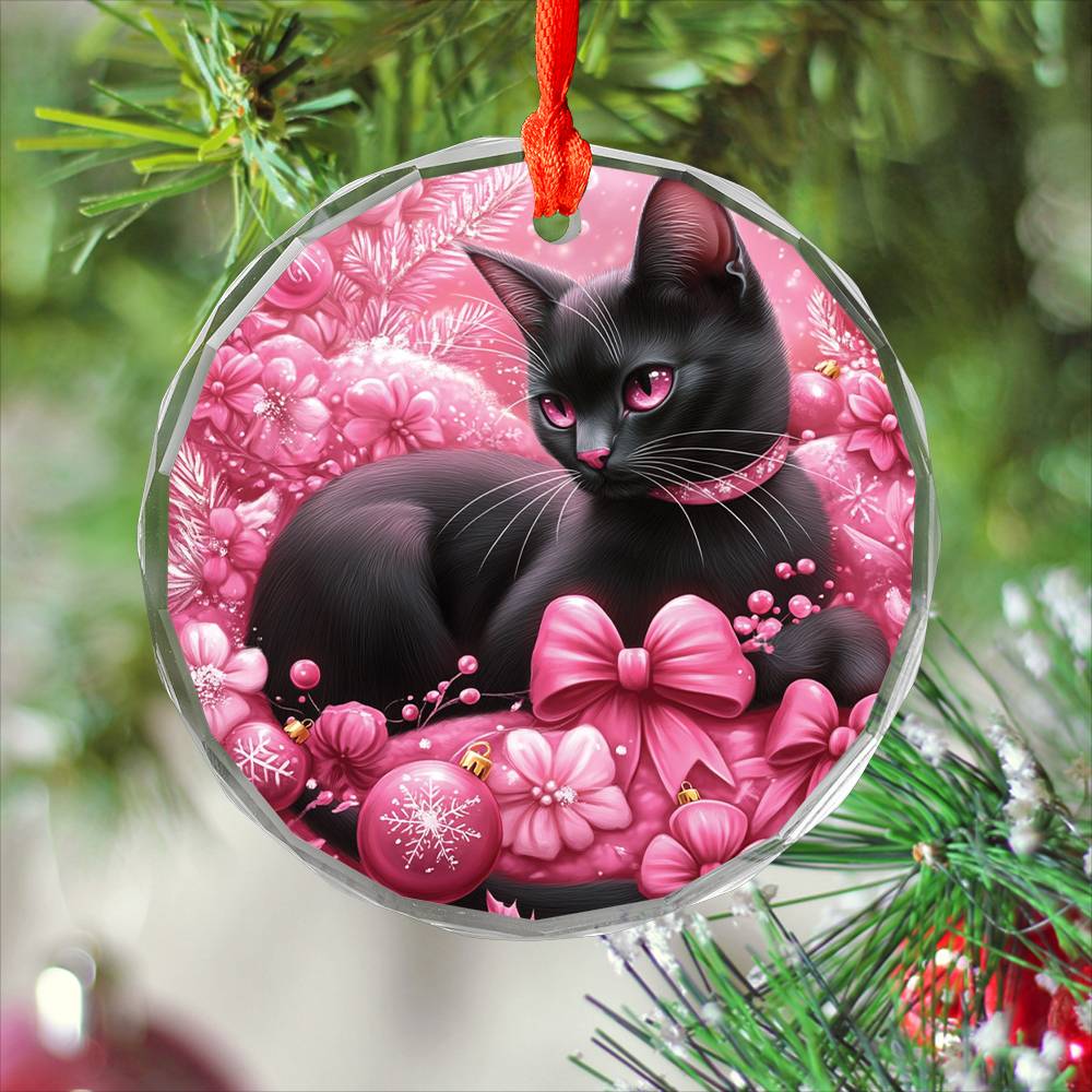 Bombay Cat Pink Christmas Design 1 Glass Ornament