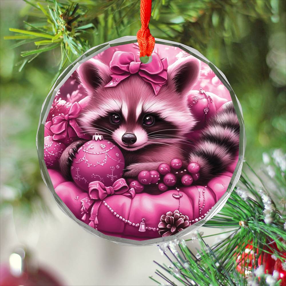 Racoon Pink Christmas Design 2 Glass Ornament