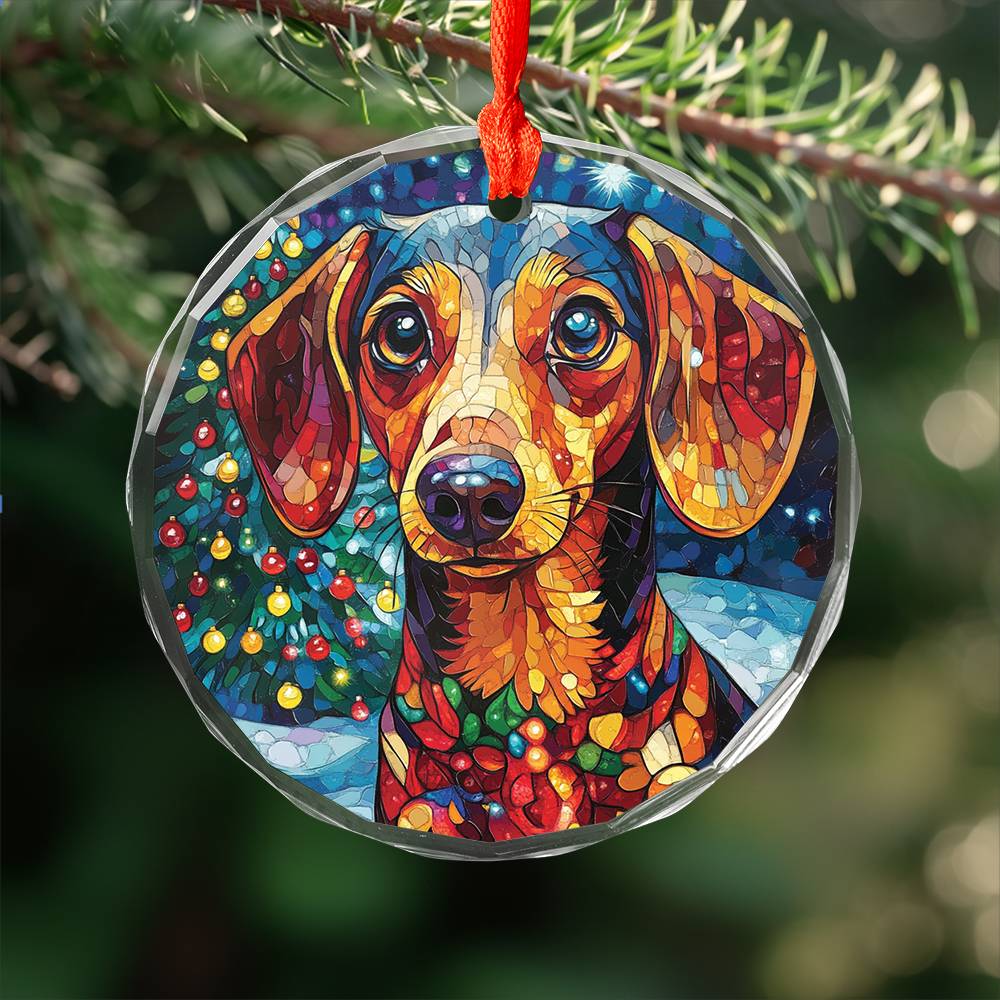 Beautiful Angus Dachshund Dog Christmas Night Design 2 Glass Ornament