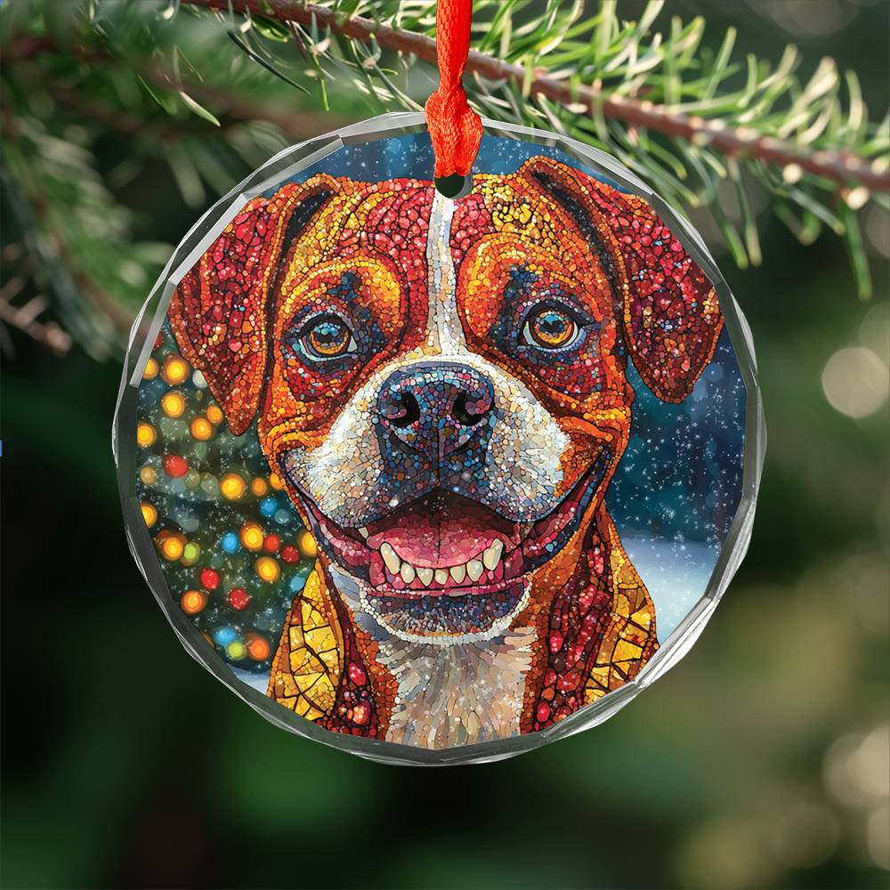 Beautiful Angus Boxer Dog Christmas Night Design 1 Glass Ornament