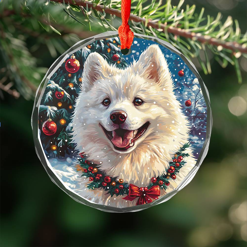Beautiful Samoyed Dog Christmas Night Design 2 Glass Ornament