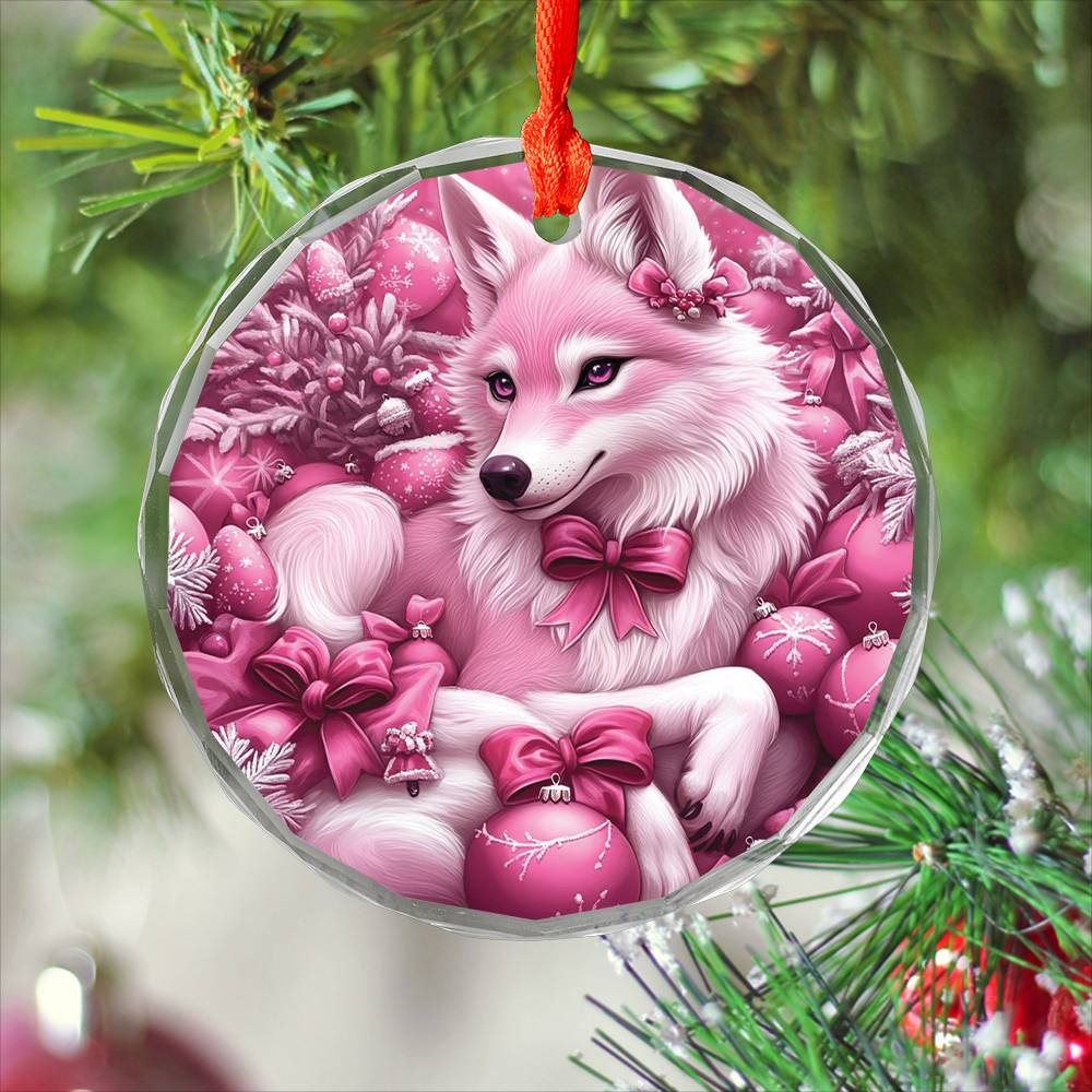 Wolf Pink Christmas Design 4 Glass Ornament