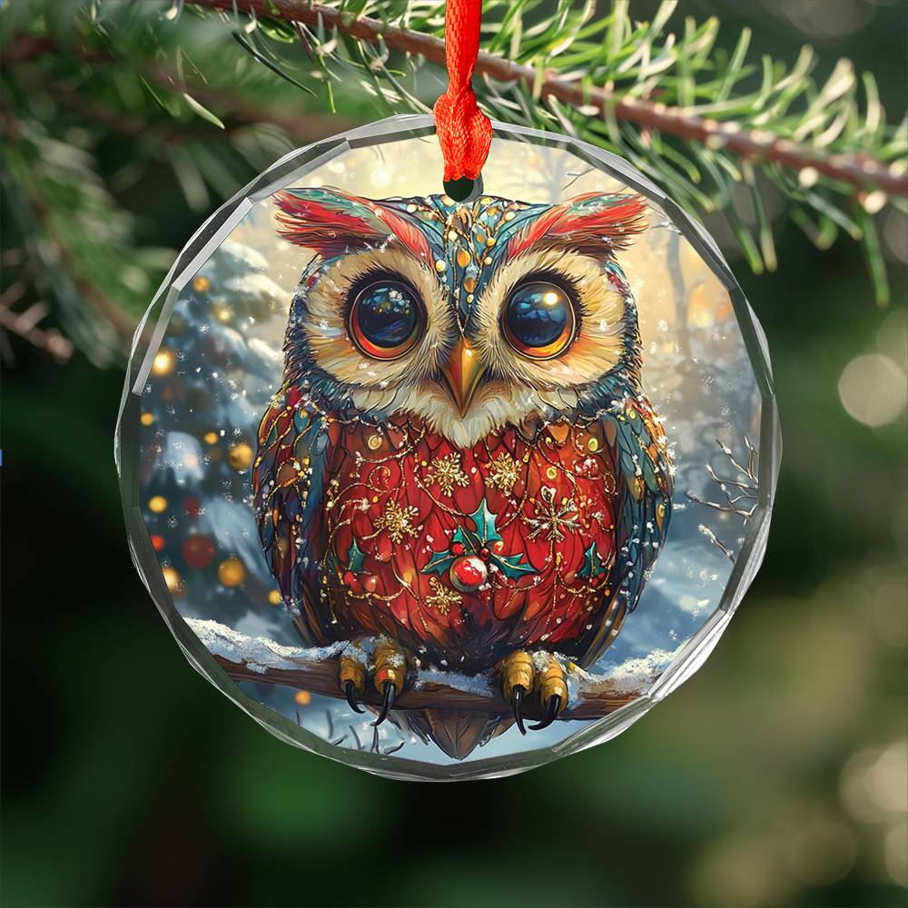 Beautiful Owl Christmas Night Design 1 Glass Ornament