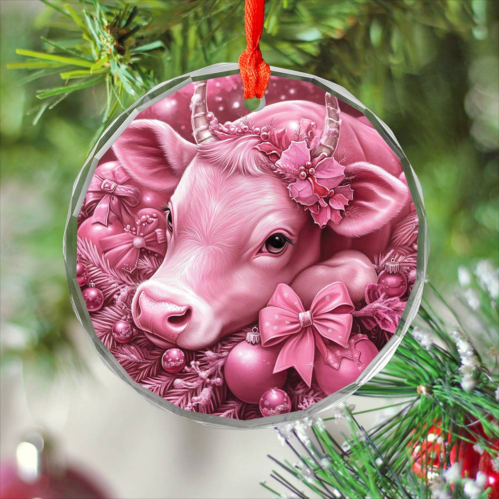 Hereford Cow Pink Christmas Design 2 Glass Ornament