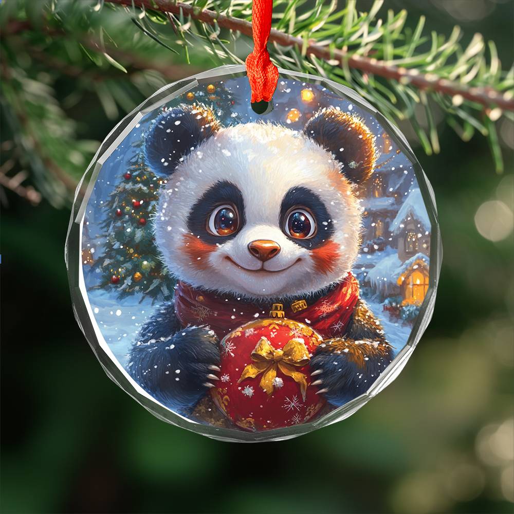 Beautiful Angus Panda Christmas Night Design 3 Glass Ornament