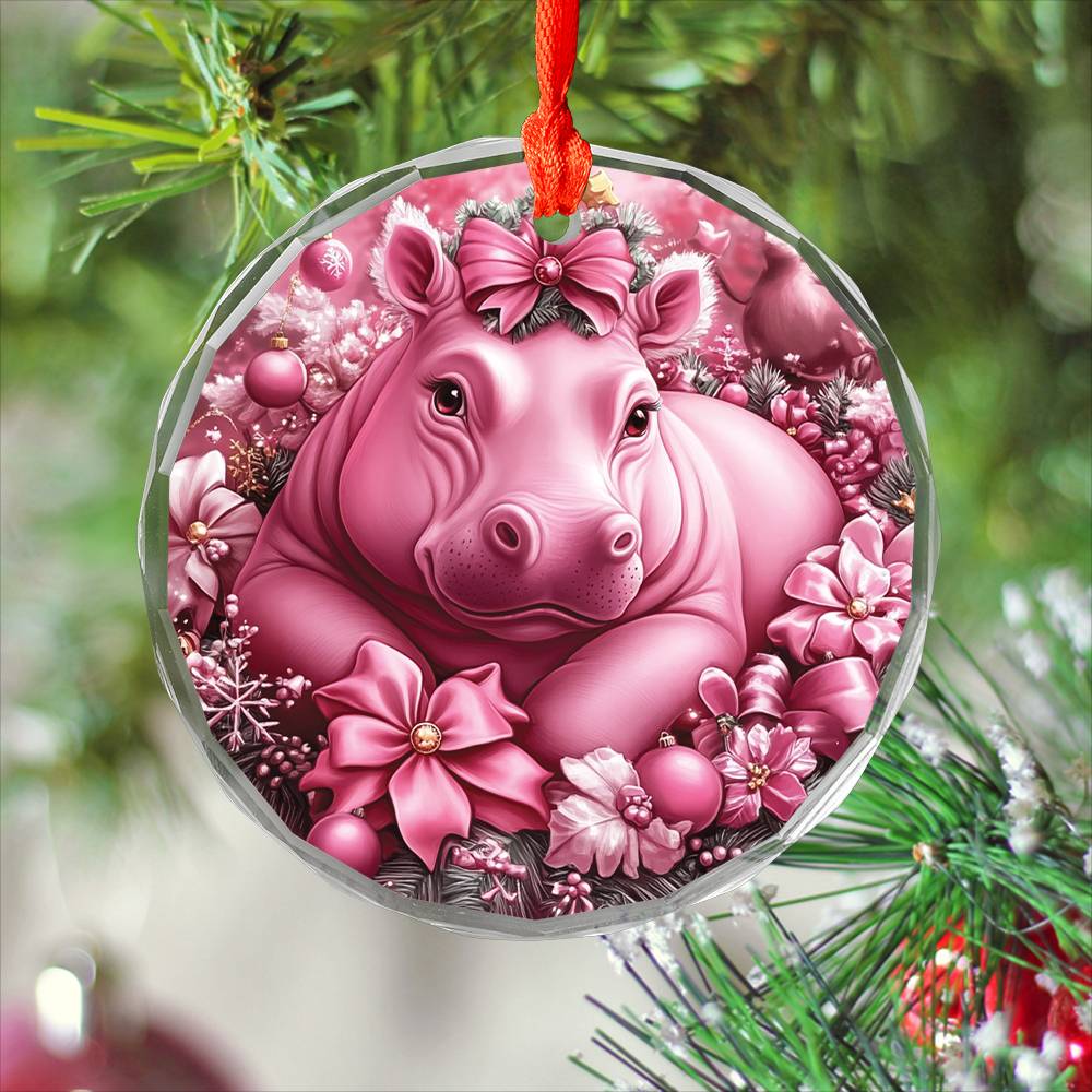 Hippo Pink Christmas Design 4 Glass Ornament