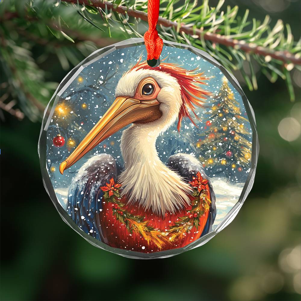 Beautiful Pelican Christmas Night Design 2 Glass Ornament