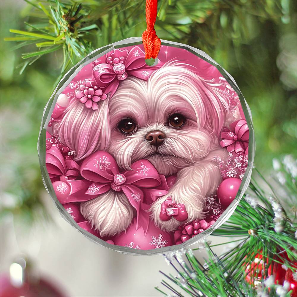 Shih Tzu Dog Pink Christmas Design 3 Glass Ornament