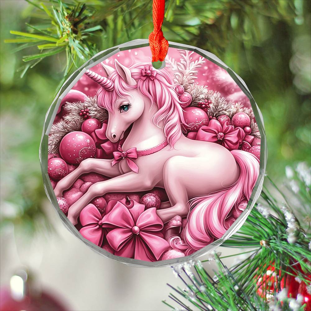 Unicorn Pink Christmas Design 2 Glass Ornament