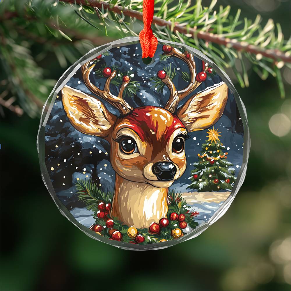 Beautiful Angus Deer Christmas Night Design 1 Glass Ornament