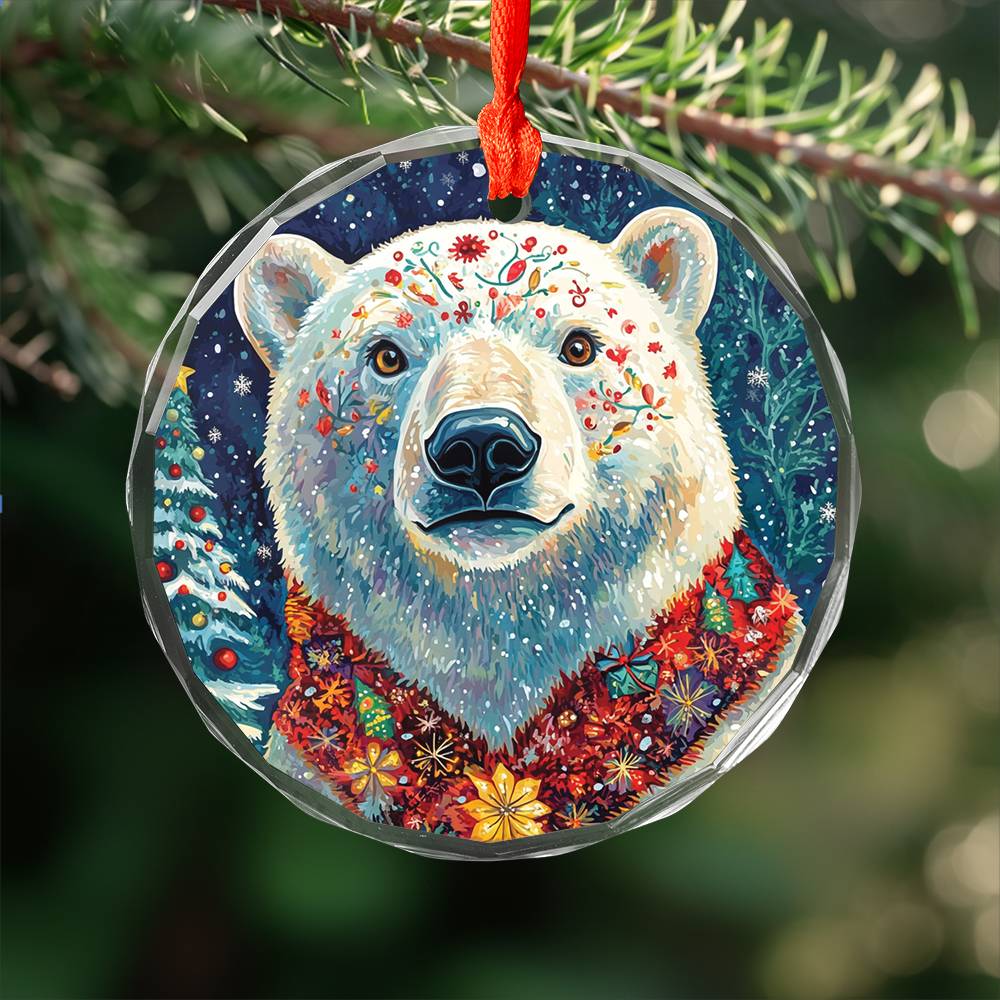 Beautiful Angus Polar Bear Christmas Night Design 1 Glass Ornament