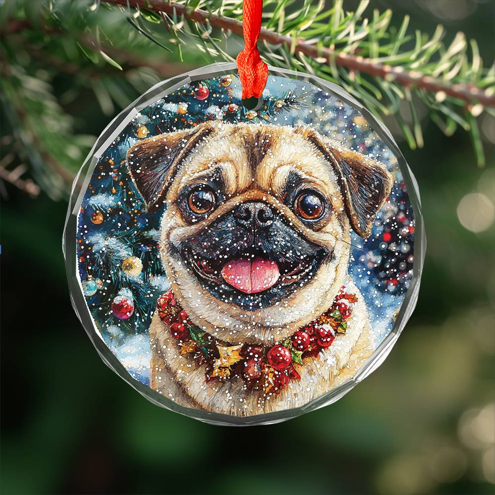 Beautiful Pug Dog Christmas Night Design 4 Glass Ornament