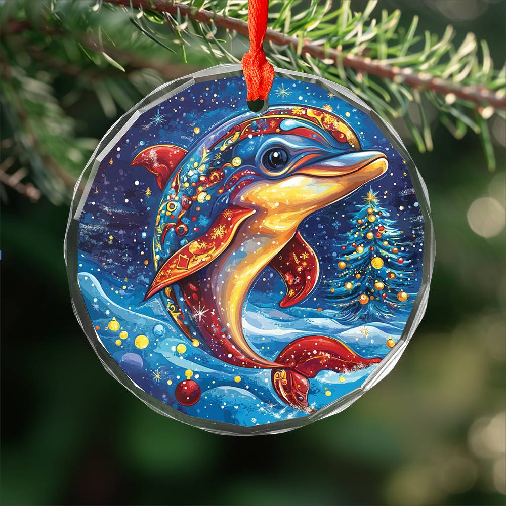 Beautiful Angus Dolphin Christmas Night Design 1 Glass Ornament