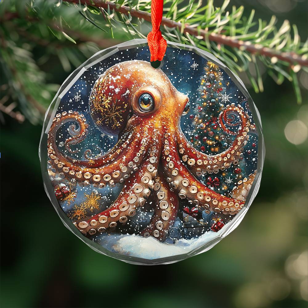 Beautiful Angus Octopus Christmas Night Design 2 Glass Ornament