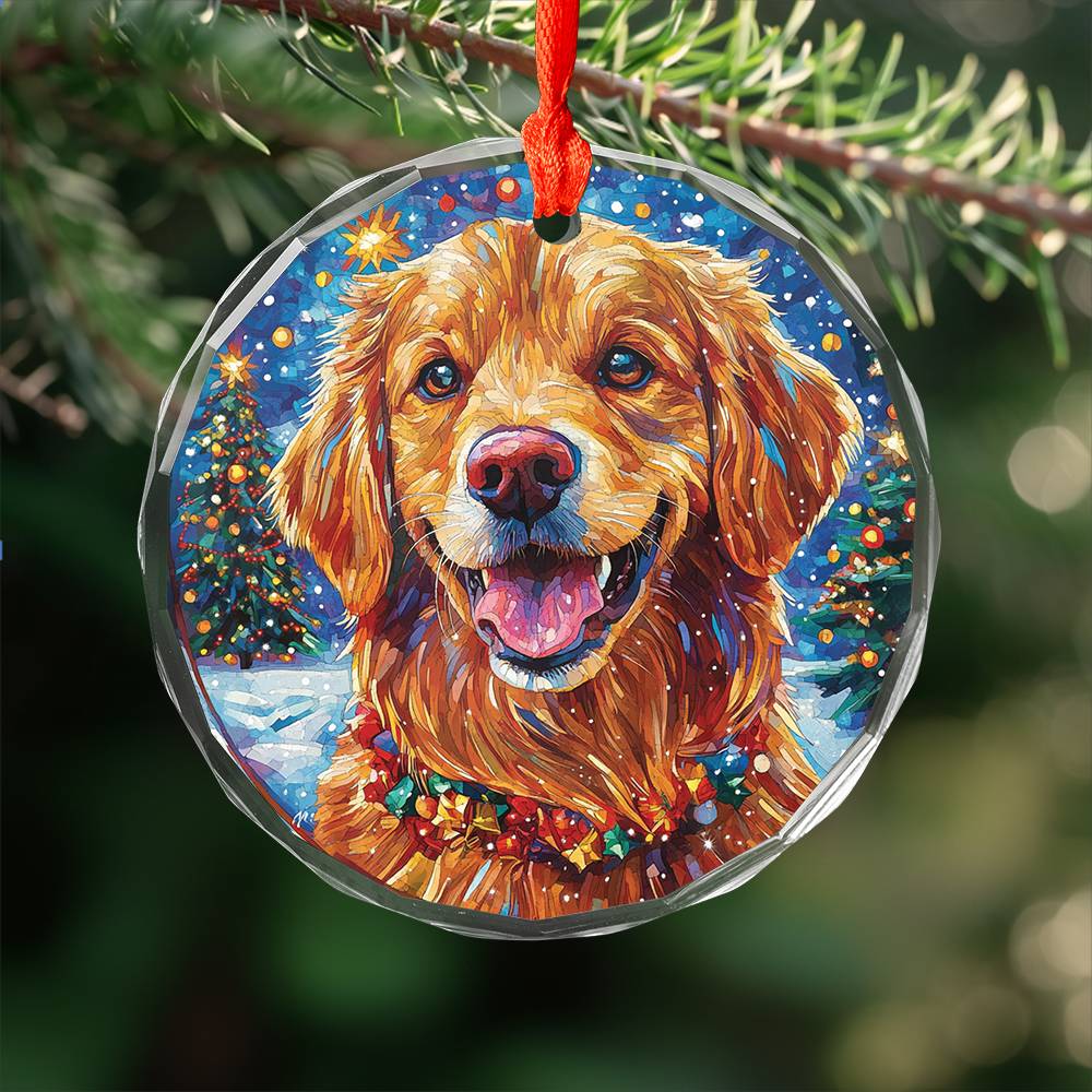 Beautiful Golden Retriever Dog Christmas Night Design 3 Glass Ornament