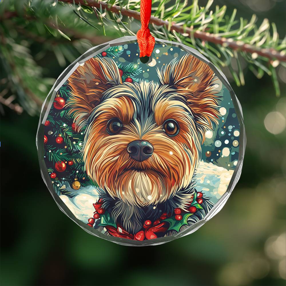 Beautiful Angus Yorkshire Terrier Dog Christmas Night Design 4 Glass Ornament