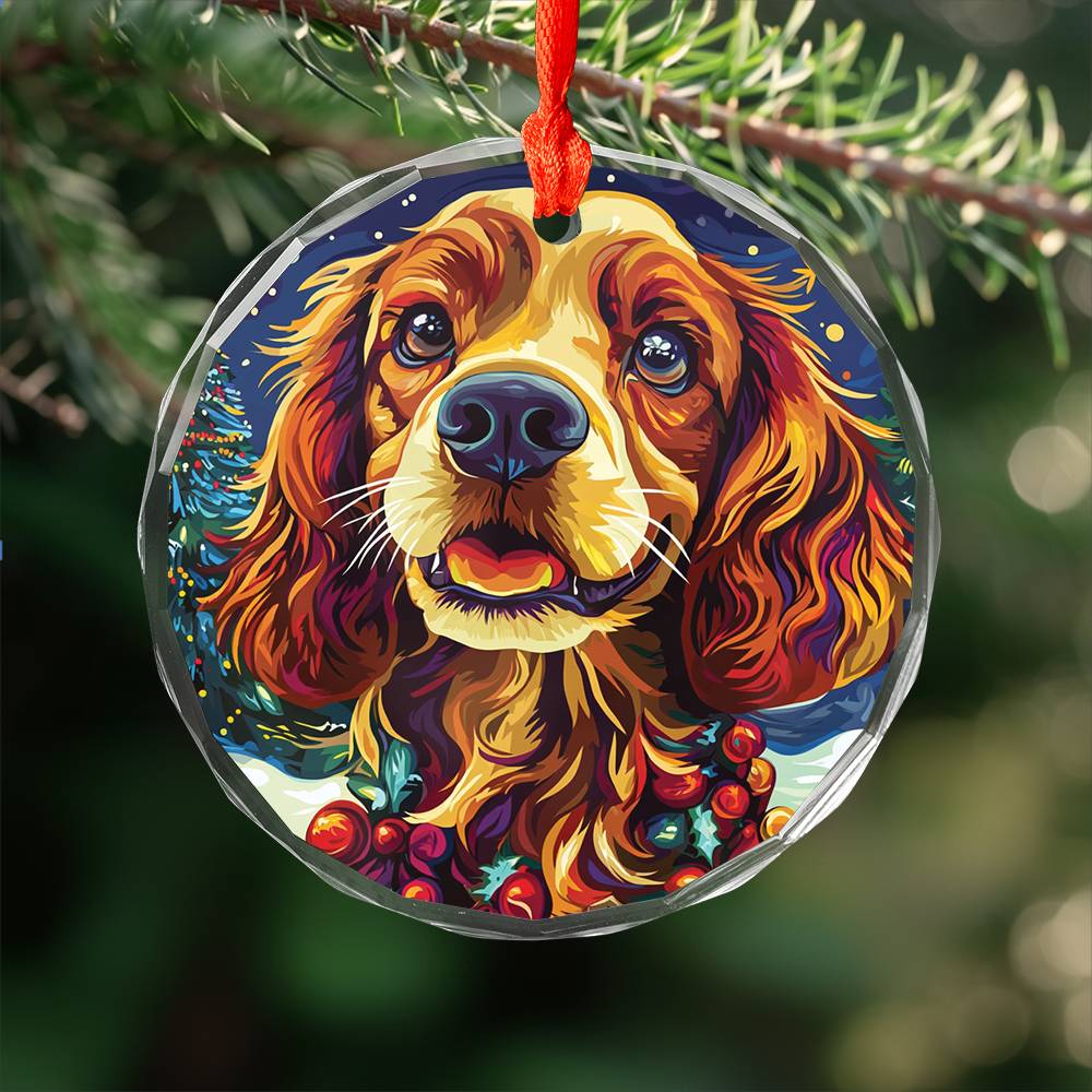 Beautiful Cocker Spaniel Dog Christmas Night Design 1 Glass Ornament