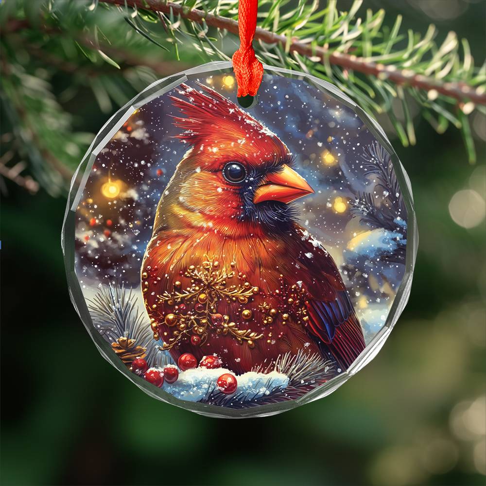 Beautiful Cardinal Christmas Night Design 1 Glass Ornament