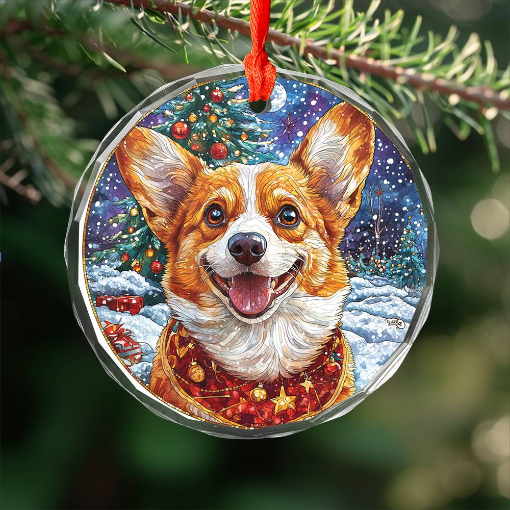 Beautiful Angus Corgi Dog Christmas Night Design 4 Glass Ornament