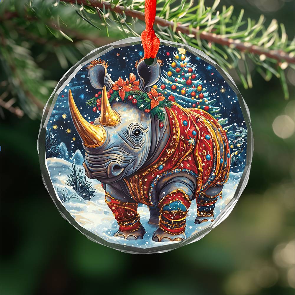 Beautiful Rhino Christmas Night Design 2 Glass Ornament