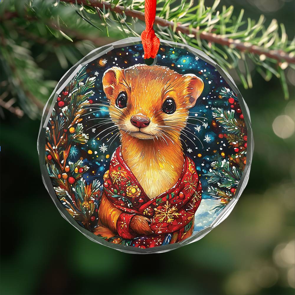 Beautiful Angus Weasel Christmas Night Design 3 Glass Ornament