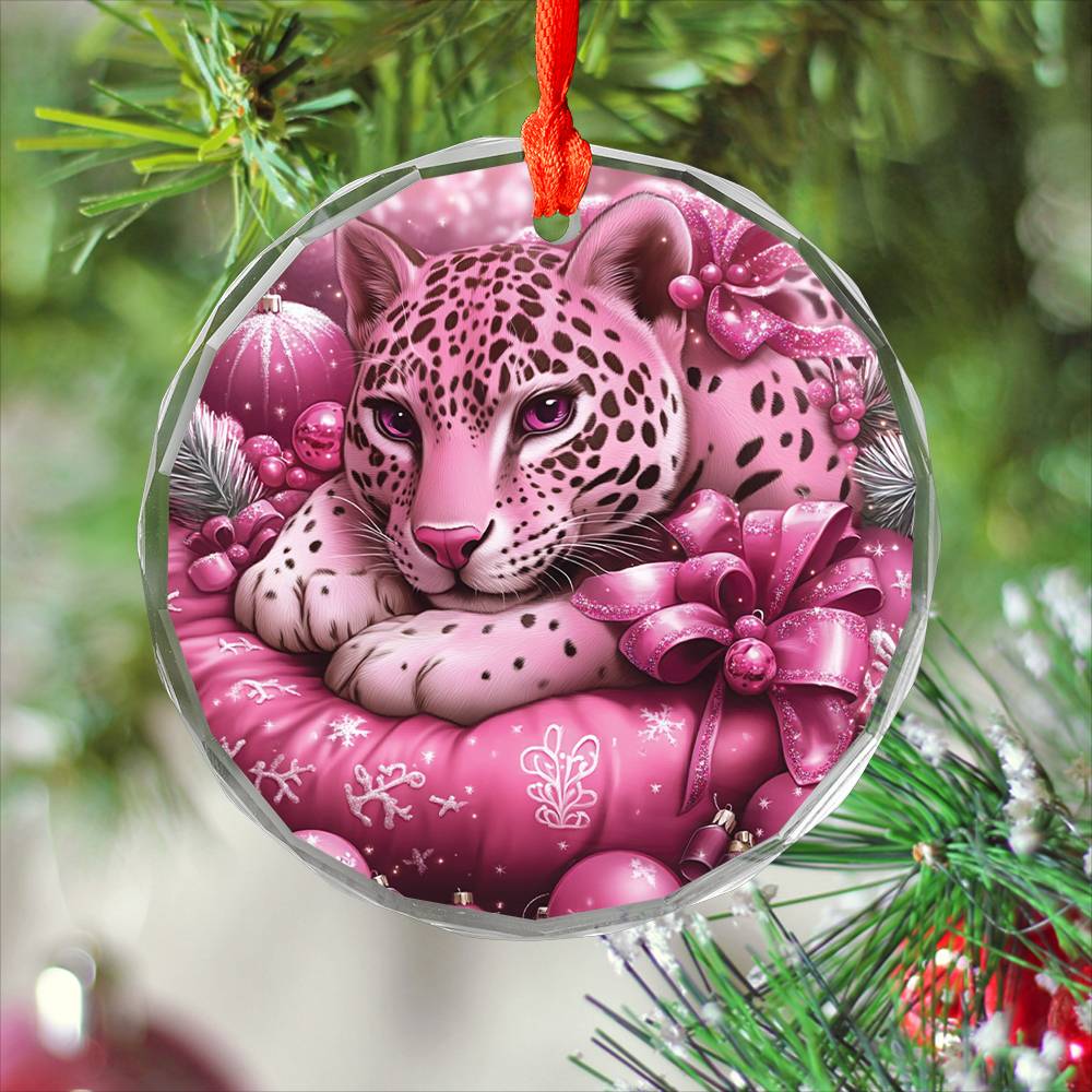 Jaguar Pink Christmas Design 3 Glass Ornament