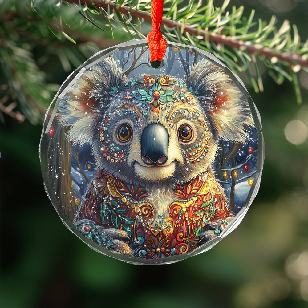 Beautiful Angus Koala Christmas Night Design 3 Glass Ornament