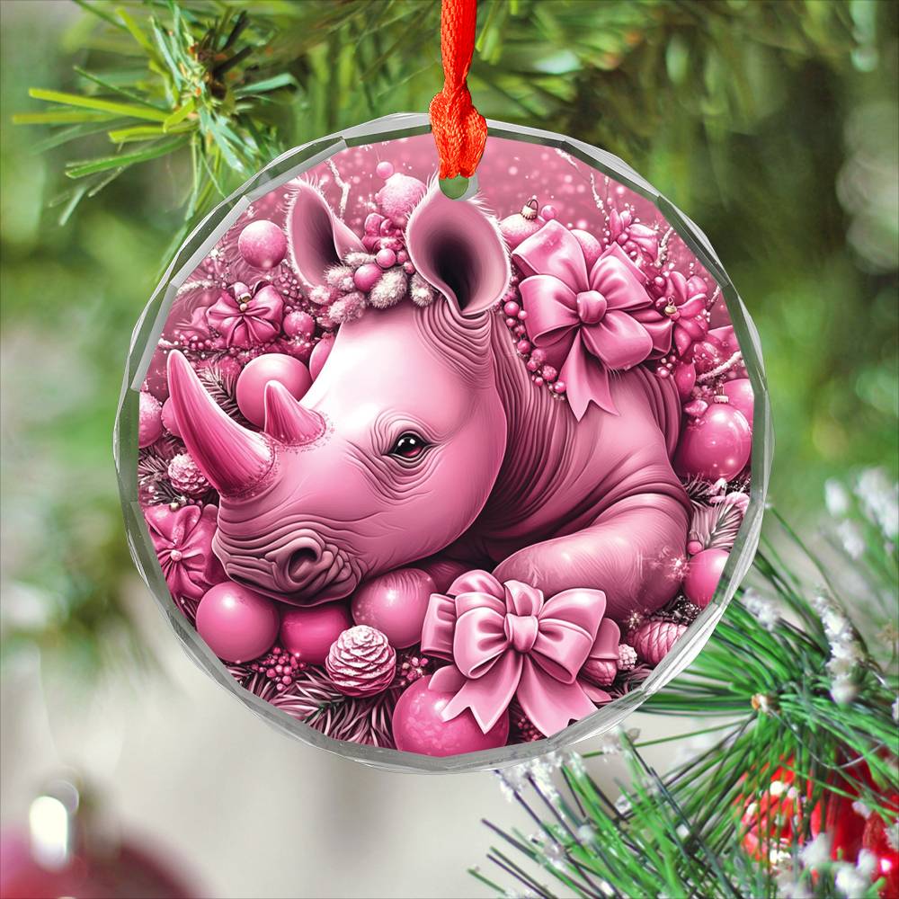 Rhino Pink Christmas Design 2 Glass Ornament