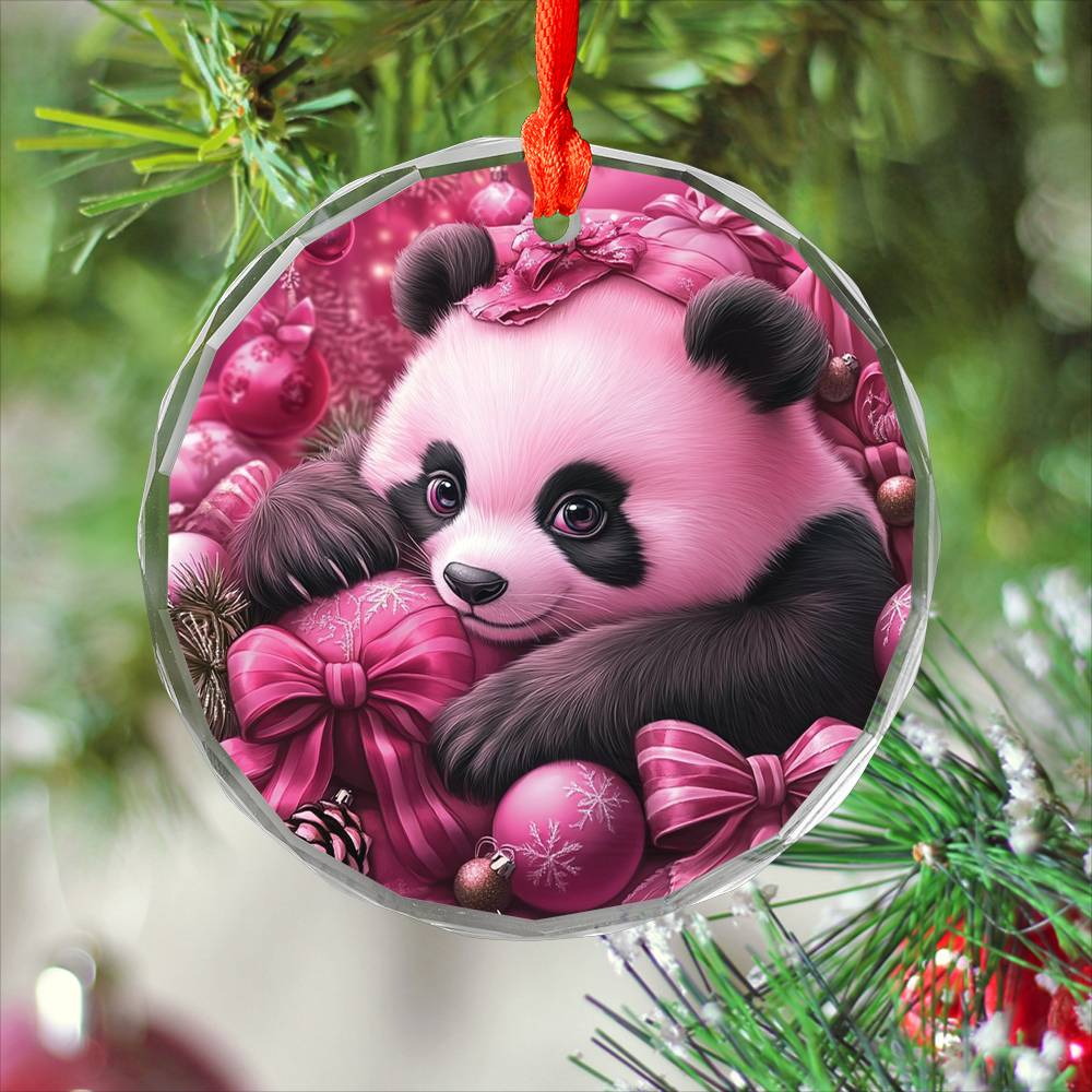 Panda Pink Christmas Design 3 Glass Ornament