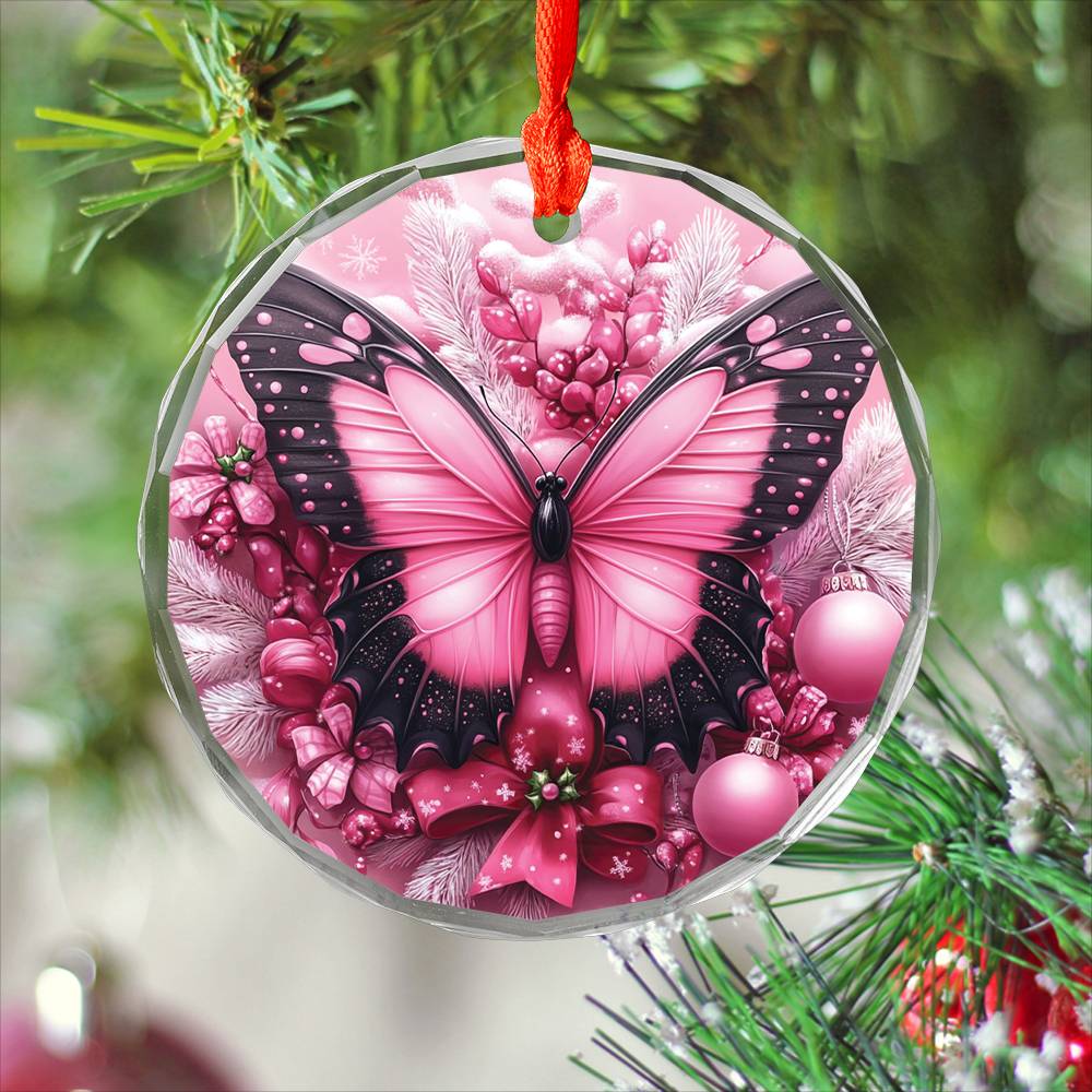 Butterfly Pink Christmas Design 2 Glass Ornament