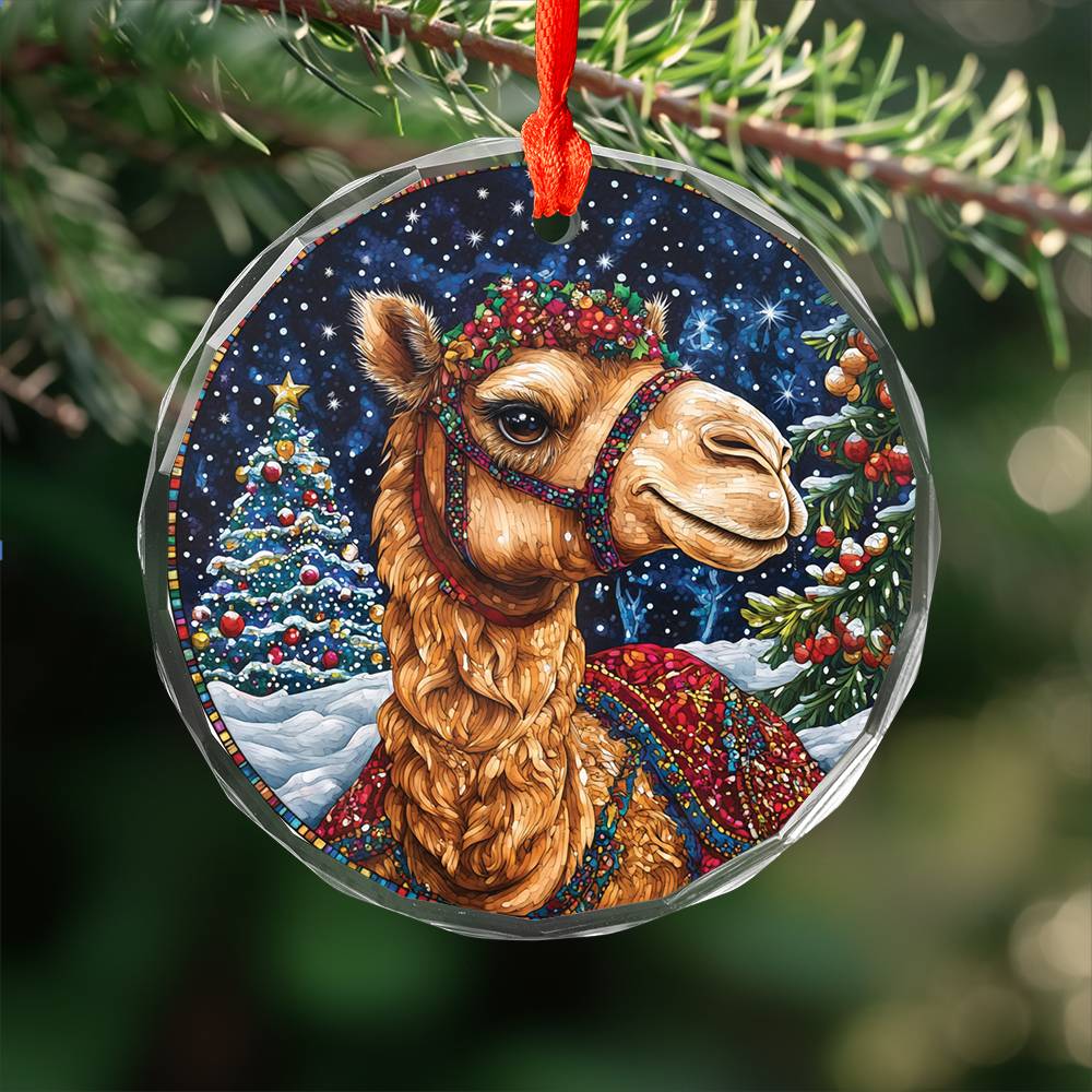 Beautiful Camel Christmas Night Design 2 Glass Ornament