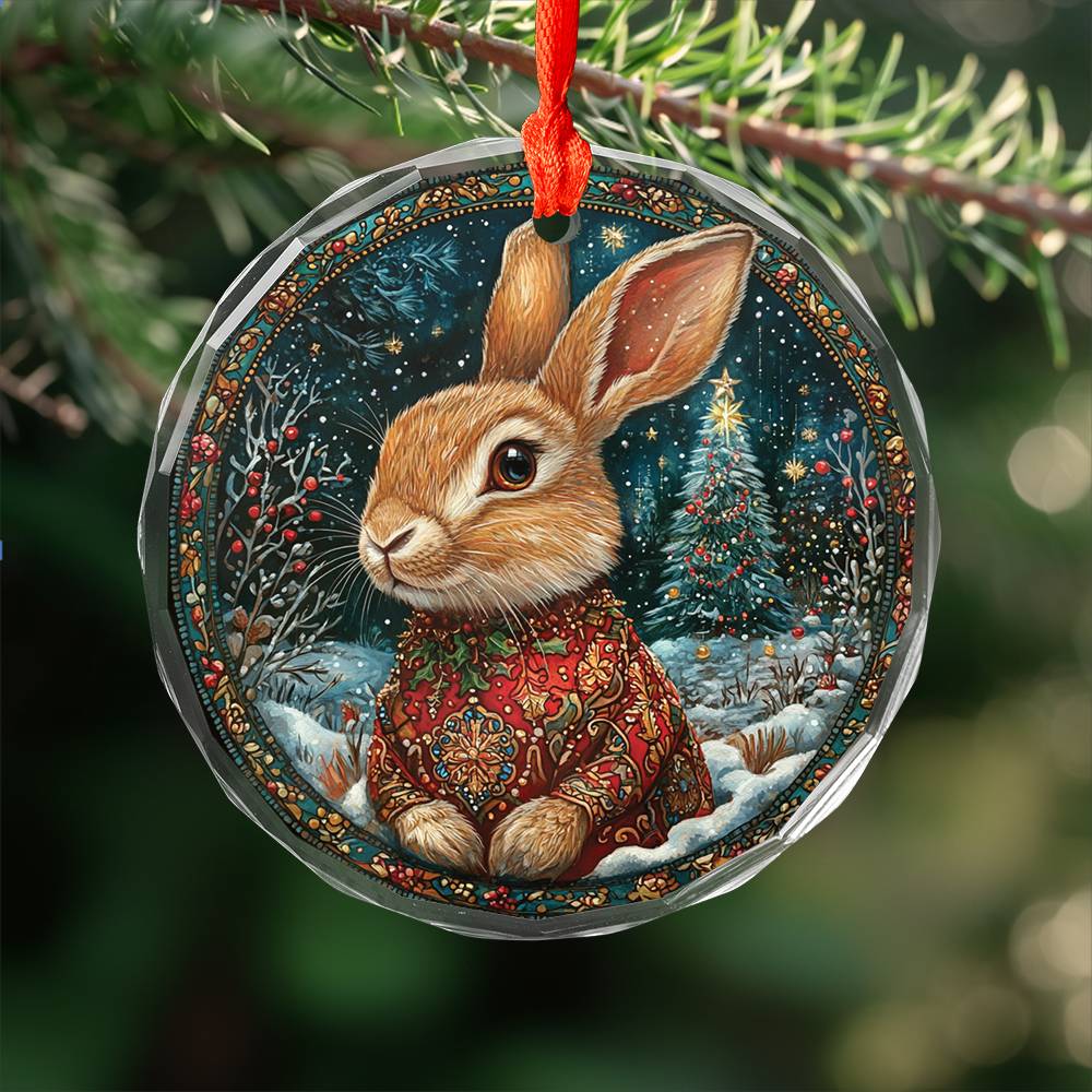 Beautiful Rabbit Christmas Night Design 1 Glass Ornament