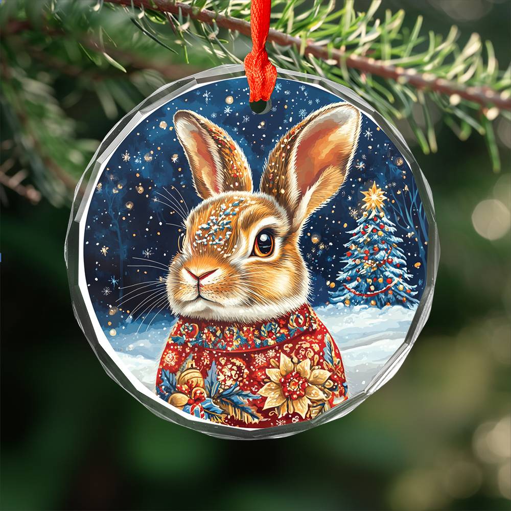 Beautiful Rabbit Christmas Night Design 4 Glass Ornament