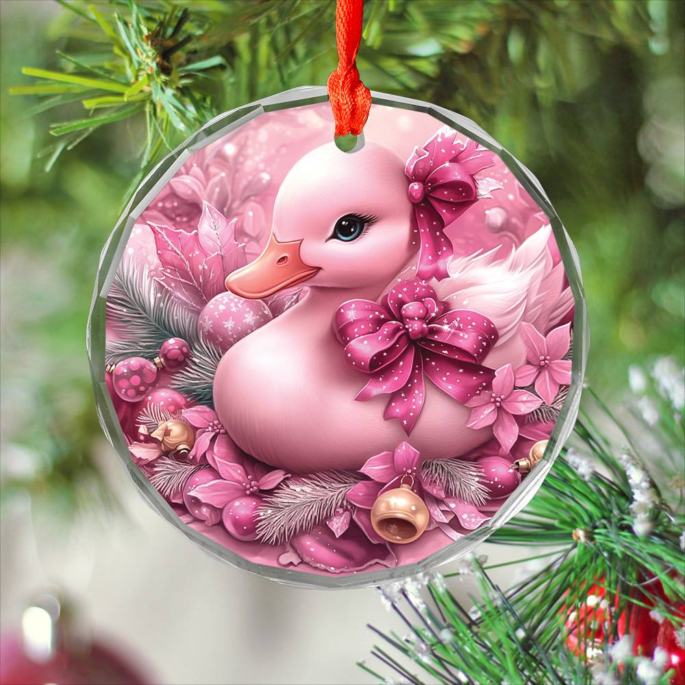 Duck Pink Christmas Design 1 Glass Ornament